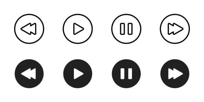 Play icon set. Media control buttons with rewind, play, pause and forward inside circles illustration. Universal music or navigation symbol. Interface playback UI sign. Minimal pictograms vector