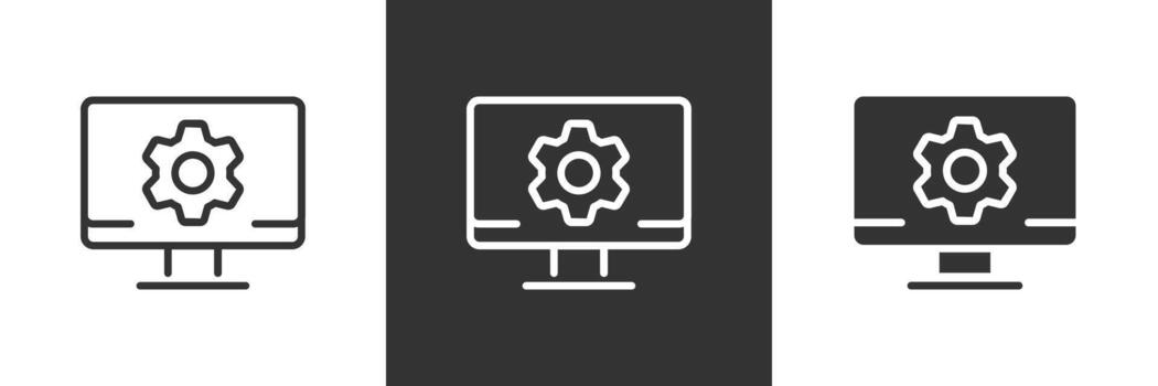 Computer settings icon. Monitor screen with gear symbol illustration. System configuration and control interface sign. Technology management and adjustment options pictogram. vector