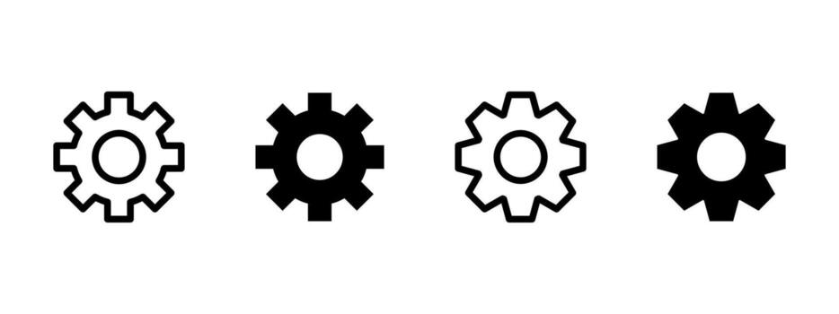 Settings icon. Gear and cogwheel symbols in different styles illustration. Configuration and system control interface symbol. Adjustment and mechanical process sign. Engineering pictogram. vector