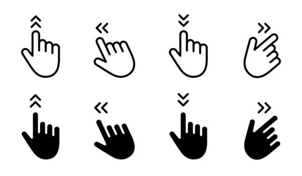 Swipe arrow icon. Hand gestures for touchscreen navigation up, down, left and right illustration. Mobile interface control symbol. Slide action UI sign. Minimal gesture pictogram. vector
