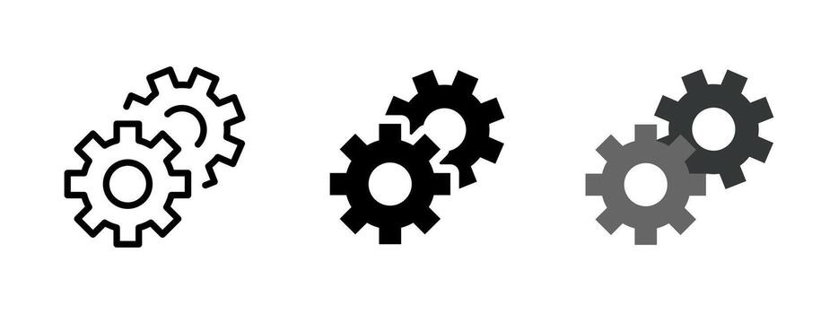 Gears icon. Two interlocking gear wheels in multiple styles illustration. Symbol of configuration, process and automation in systems. Mechanical and engineering interface sign. vector