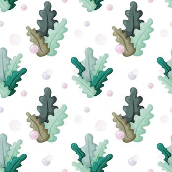 Seamless Pattern with Seaweed and Bubbles on White Background vector