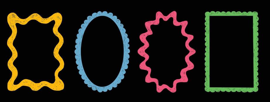 Rectangular and oval frame with scalloped edges. Set of drawing wavy elegant outline frame Crayon chalk elements. vector