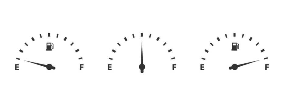 Fuel gauge icon. Car dashboard petrol meter with needle showing empty, half, and full positions illustration. Automotive gas level display symbol. Energy monitoring and refueling control sign. vector