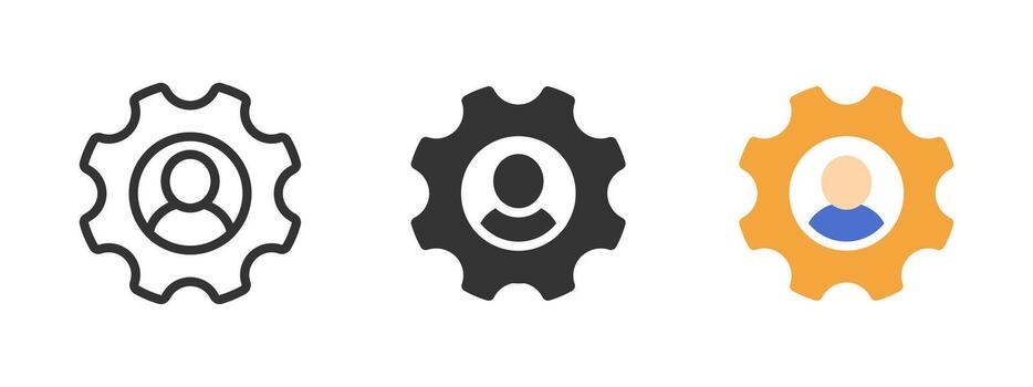 Profile settings icon. User avatar inside a gear representing account management and customization illustration. System preferences and admin control symbol. Interface optimization sign. vector