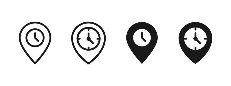 Time location icon. Map pin with clock face illustration. GPS navigation symbol. Destination point for schedule or appointment sign. Travel and event reminder pictogram. vector