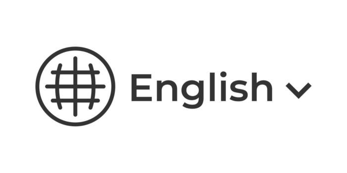 Language selection icon. Globe symbol with English text and dropdown arrow illustration. International language switch and localization settings symbol. Global interface navigation sign. vector