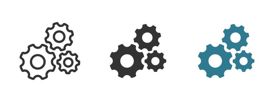 Gears mechanism icon. Three interlocking cogwheels system configuration and optimization illustration. Technology control and process management symbol. Interface and machinery sign. vector