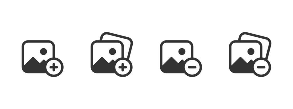 Gallery management icon. Adding and removing images in digital media collections illustration. Photo album editing and picture organization symbol. Multimedia content control sign. vector