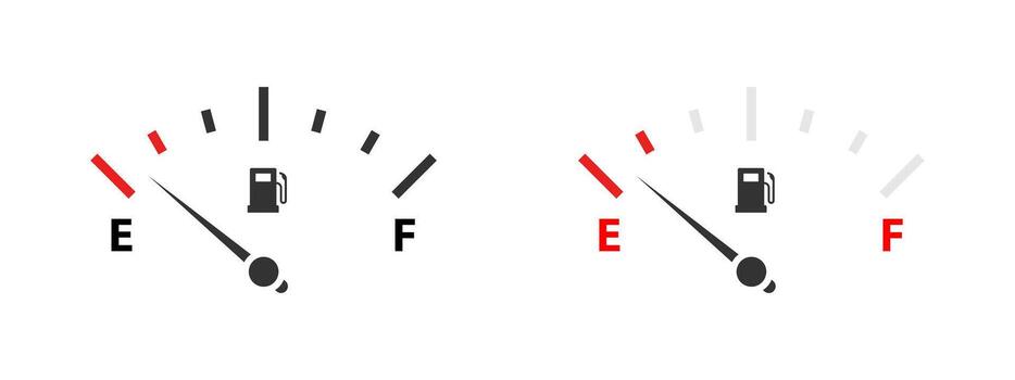 Fuel gauge icon. Car dashboard petrol meter with needle indicator showing empty and full positions illustration. Automotive gas level display symbol. Energy monitoring warning sign pictogram. vector