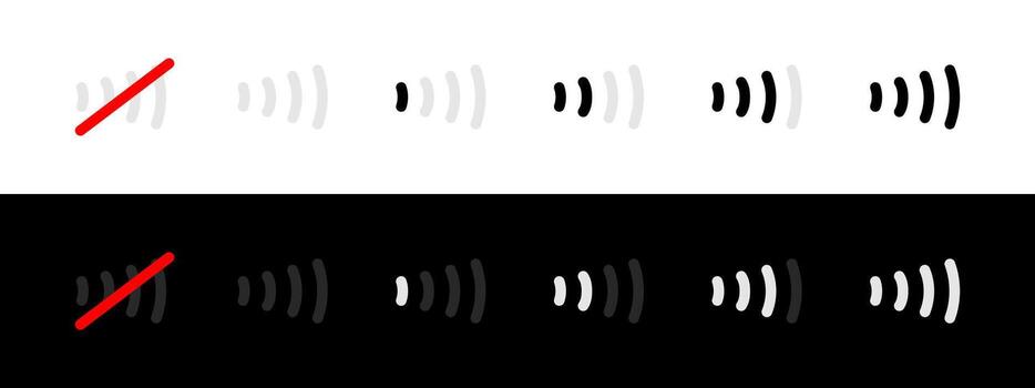 Volume control icon. Series of sound wave symbols mute and different audio levels illustration. Multimedia audio adjustment symbol. Device speaker control sign. System sound settings pictogram. vector