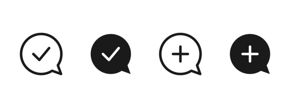 Chat bubble icon. Confirmation check mark and plus sign in message balloon illustration. Social communication and feedback symbol. Approval and add action sign. Interface element pictogram. vector