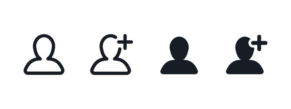 Add user icon. Person silhouette with a plus sign illustration. New profile creation symbol. Friend request and contact addition sign. Community and network expansion pictogram. vector