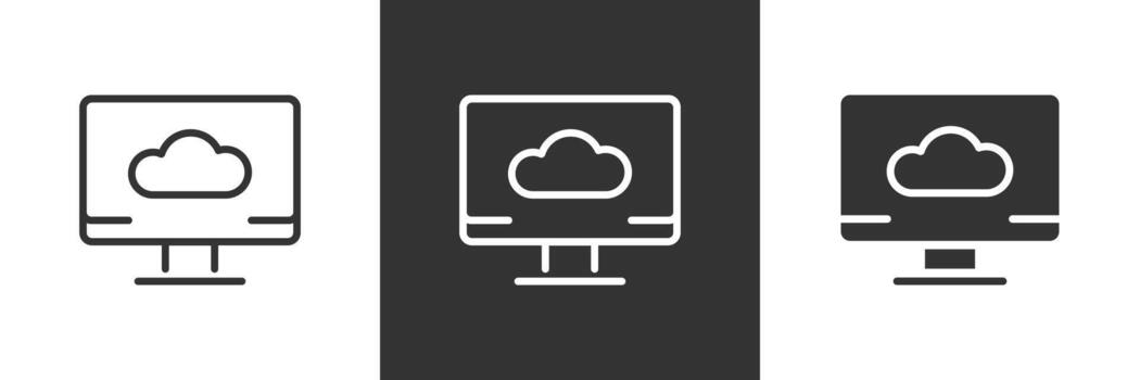 Cloud computing icon. Computer screen with cloud network storage illustration. Online data access and web platform symbol. Digital service and internet technology sign. vector