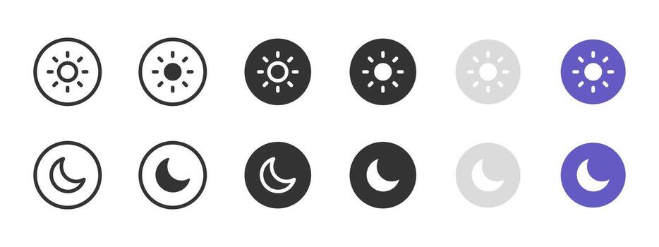 Sun and moon icon. Day and night mode adjustment buttons illustration. Brightness and dark mode toggle symbol. User interface and settings sign pictogram. vector