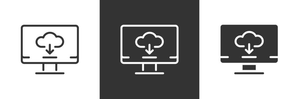 Cloud download icon. Computer screen with cloud storage and arrow data transfer illustration. Online file sync and backup symbol. Digital network storage access sign. vector