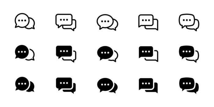 Chat icon set. Paired speech bubbles with sign in outline and filled styles. Dialog and messaging sign for apps, UI and conversations. Talk symbol. Feedback pictogram. Communication illustration. vector