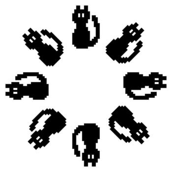 pixel art black cats arranged in circular rotation forming round frame on white background retro halloween style minimal design concept of spooky decoration illustration digital artwork vector