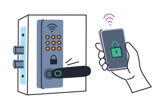 Flat cartoon illustration of smart lock system with smartphone control. Hand holding phone with lock icon, connected to front door via wifi. Smart home security, safety and modern technology vector
