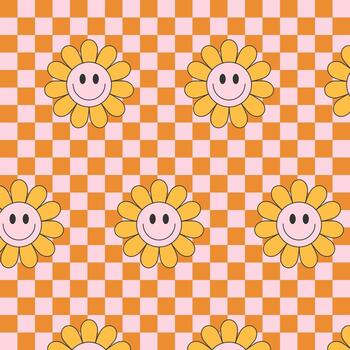Seamless groovy pattern with orange smiling flower on pink red pink checkered background, retro style design for textile and wrapping paper. vector