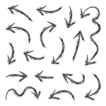 colección de flechas con tiza textura. pizarra efecto y áspero golpes crear un hecho a mano Mira para carteles, colegio temas, y informal diseño. vector