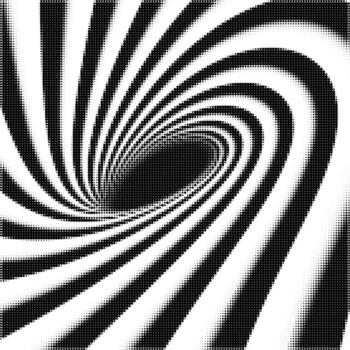 Abstract black and white halftone swirl. Optical illusion vortex with curved dynamic lines, retro op-art style background. vector