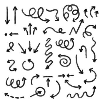 Set of hand-drawn arrows with crayon texture. Rough strokes create a playful artistic look for notes, posters, infographics, and creative design. vector