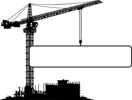 black silhouette of a tower crane at a construction site lifts an empty rectangular frame without a background. vector