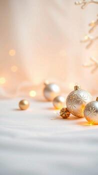 suavemente iluminado Navidad adornos dispersado en un blanco superficie con sutil bokeh luces en el antecedentes foto