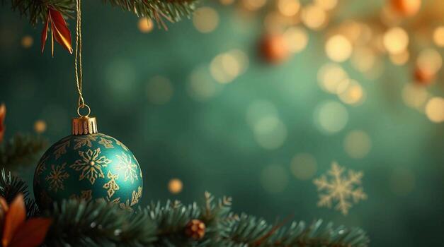 Close up of a single teal christmas ornament hanging on a pine tree with soft bokeh lights in the background photo