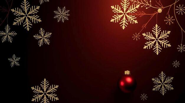 Elegant golden snowflakes drift against a deep red background with subtle bokeh lights creating a festive winter atmosphere photo