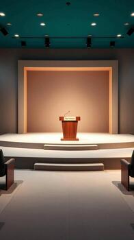 An empty illuminated stage with a podium and seating ready for a presentation or performance photo
