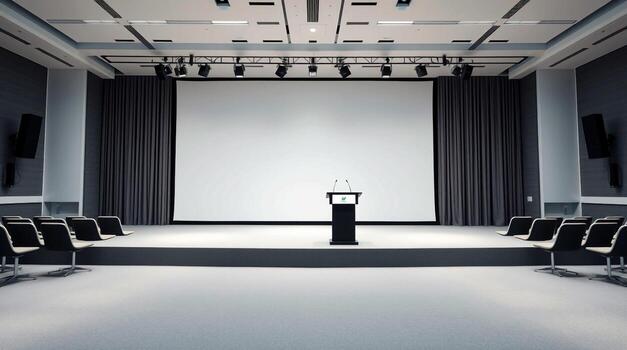 Empty auditorium stage with podium and projection screen ready for a presentation or event photo
