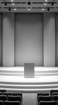 An empty modern auditorium stage with a podium and tiered seating ready for a presentation or performance photo