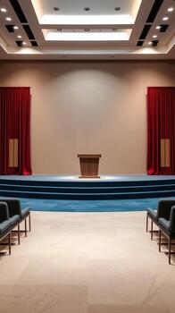 An empty formal meeting hall with a raised platform podium and seating arranged for an audience photo