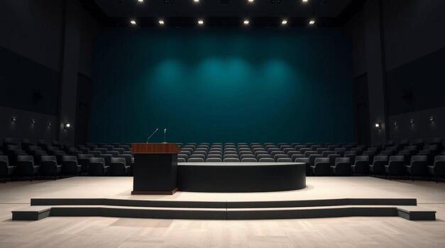 An empty auditorium stage with a podium and seating illuminated by spotlights awaiting a speaker or performance photo