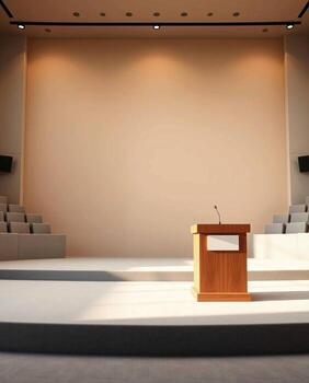 Empty auditorium stage with podium and seating ready for a speaker or presentation event photo