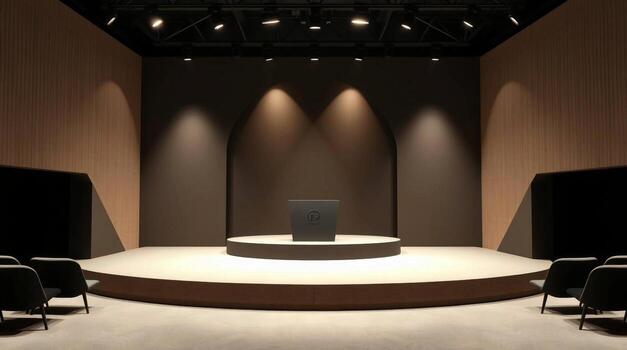 Illuminated stage with circular platform and seating ready for a performance or presentation photo