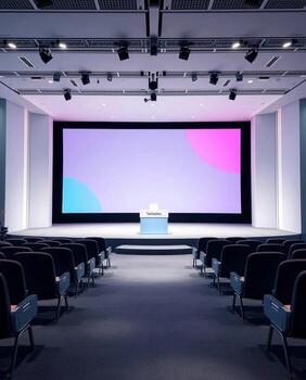 Spacious modern conference hall with a large illuminated stage screen and rows of empty seats ready for an event photo