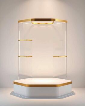 Elegant hexagonal display stand with illuminated top shelf and white base for product showcasing photo