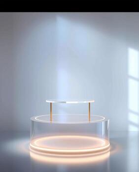 moderno minimalista dos escalonado monitor podio con sutil ambiente Encendiendo y suave difundido ligero desde un ventana foto