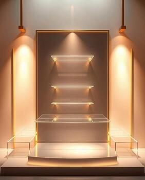 Illuminated modern display shelf unit with subtle warm lighting and acrylic platforms photo