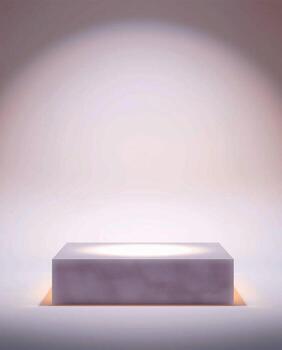A minimalist empty rectangular pedestal bathed in a soft diffused spotlight against a pale gradient background photo