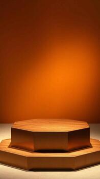 A simple octagonal wooden display stand with warm lighting and a gradient orange background photo