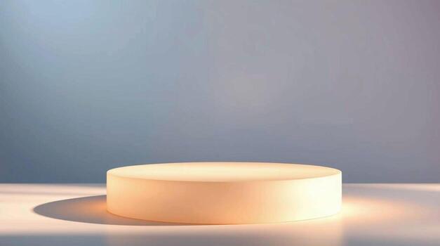 Minimalist illuminated cylindrical podium casting a soft shadow against a gradient background with subtle lighting photo