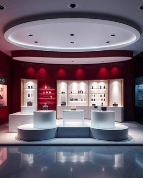 Modern retail display showcase with illuminated shelving and circular seating areas photo