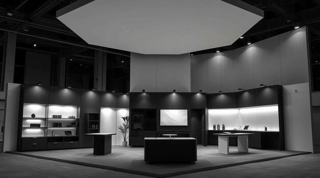 Modern exhibition booth design featuring illuminated display cases and geometric ceiling structure photo