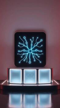 Futuristic digital display showcasing a glowing blue neural network pattern on a sleek illuminated stand photo