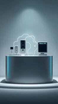 Modern technology display featuring computers and devices on a sleek counter with cloud illumination photo