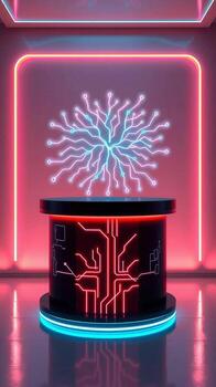 Futuristic neon lit podium displaying a glowing digital neural network in a modern tech studio photo